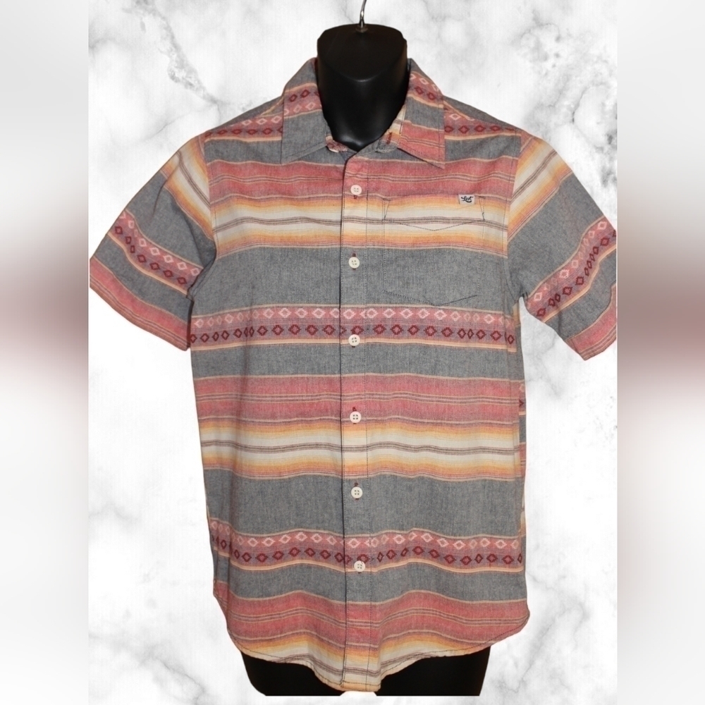 LOST Tribal Colored Striped Button Down Short Sleeve Shirt with Pocket